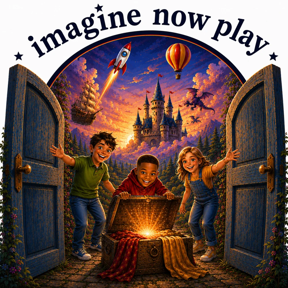 The Imagine Now Play doors opening onto a fantasy world with three children and a glowing treasure chest