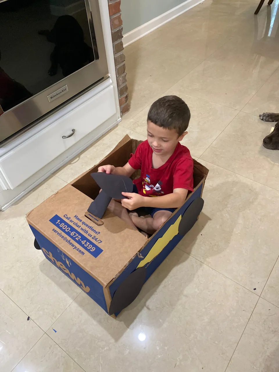 Child sitting inside a cardboard box turned into a homemade car, holding a cardboard steering wheel.